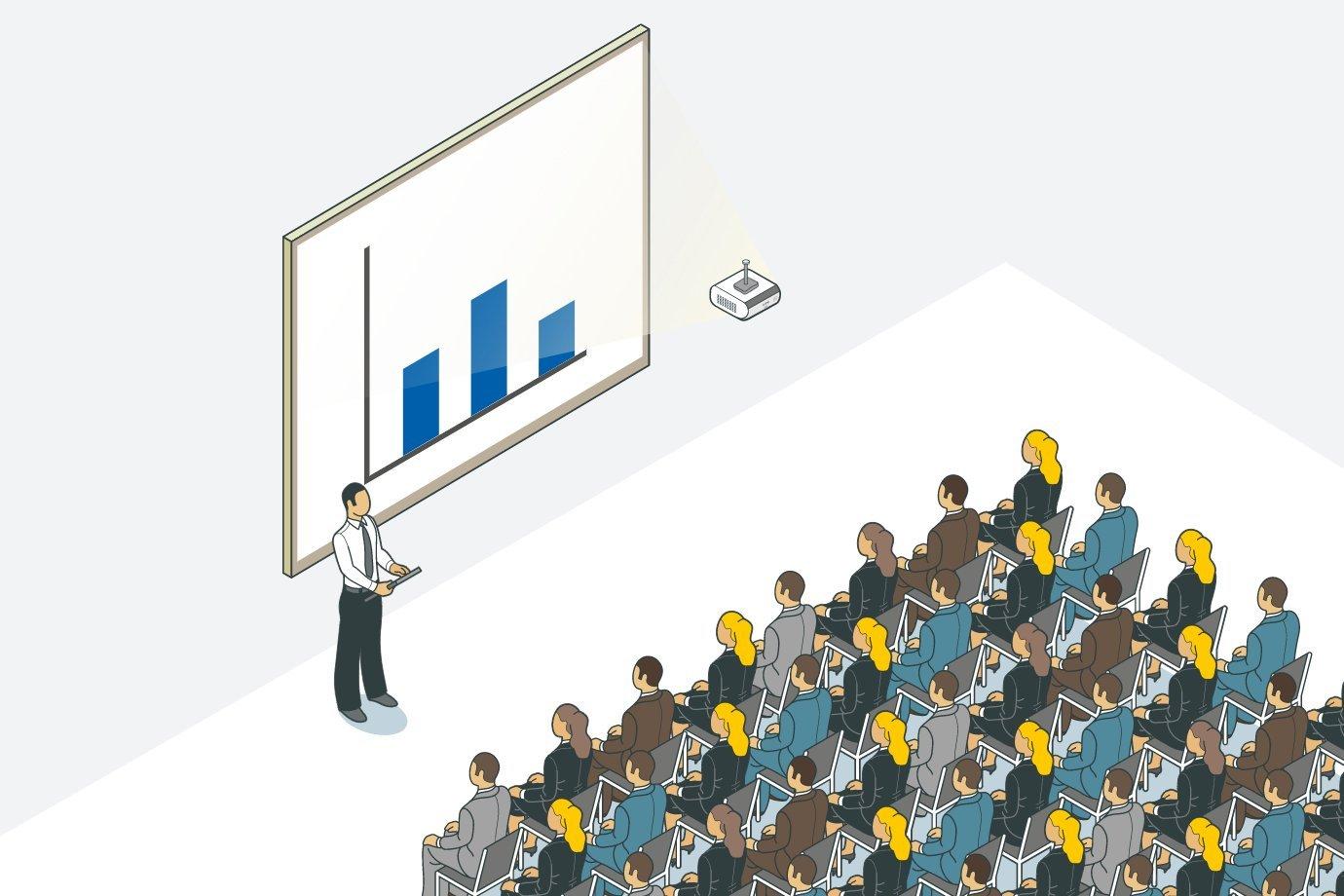 Prezentácia s projektorom vo veľkej miestnosti pre veľa ľudí.