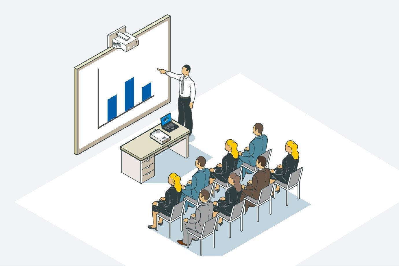 Prezentácia s projektorom v stredne veľkej miestnosti pre hŕstku ľudí.