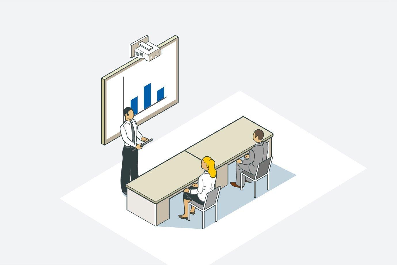 Prezentácia s projektorom v malej miestnosti pre pár ľudí.