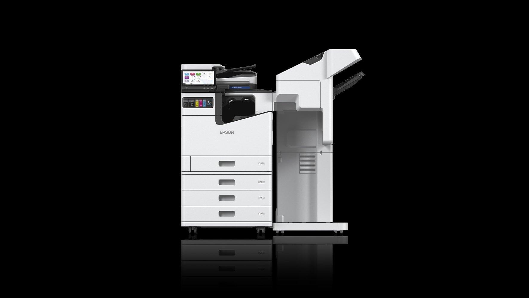 An Epson Workforce Enterprise printer set against a black background