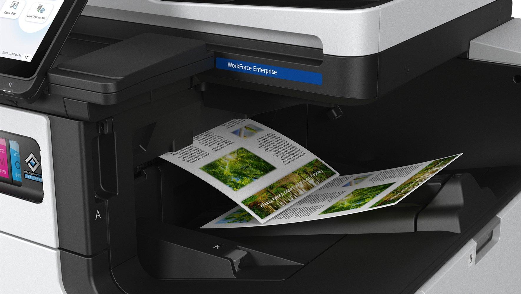 An Epson Workforce Enterprise printer printing out a pamphlet