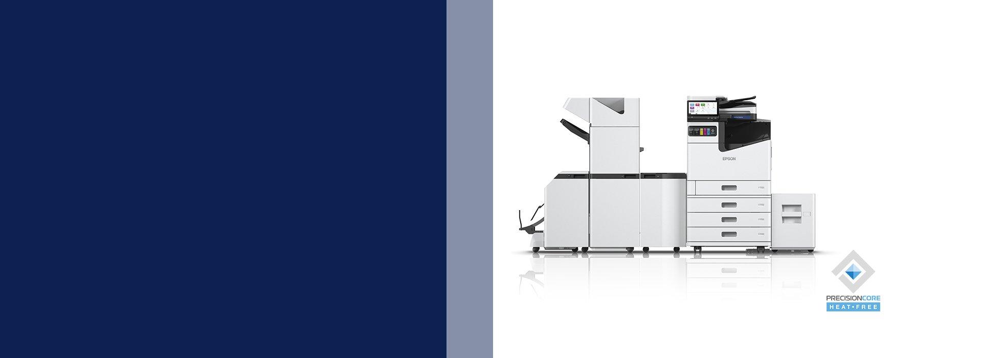 Epson Workforce Enterprise printers against a dark- blue and white background