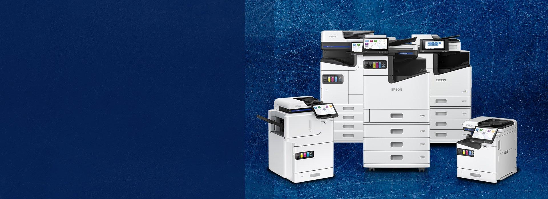 The Epson Workforce Enterprise family of printers set against a dark- blue background