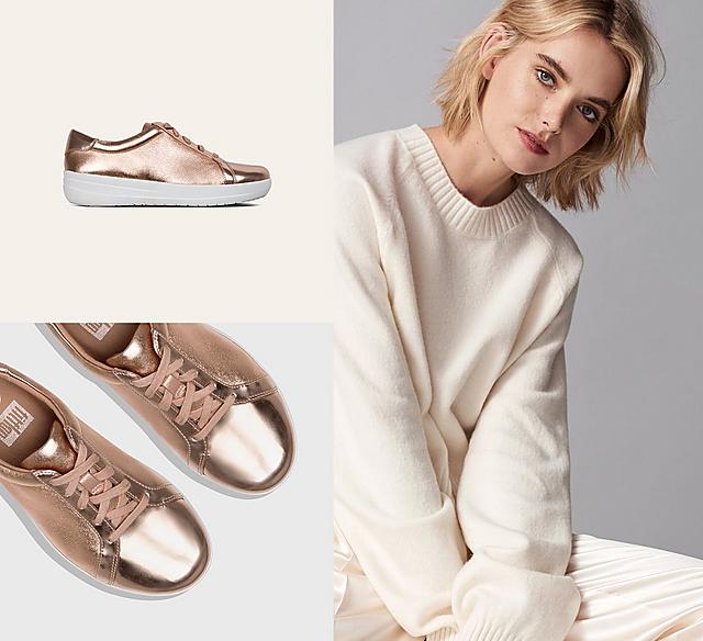 F-Sporty athleisure sneaker in Rose Gold. Featuring super-glossy mirror-metallic faux-leather.