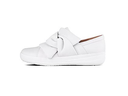 Women's slip-on white leather sneakers featuring knotted tops.