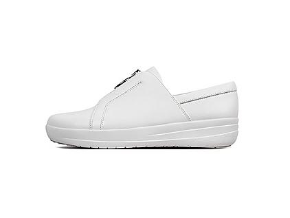 Women's white leather sneakers with zip up fronts.