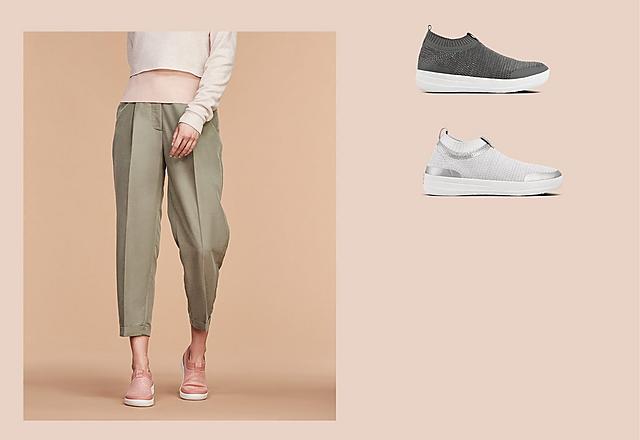 Soft, stretchy slip-on knitted sneakers featuring a metallic weave. Shown in dusty pink, Grey and white.