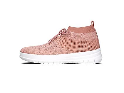 Women's Dusty Pink knitted sneakers with pink laces and white base.
