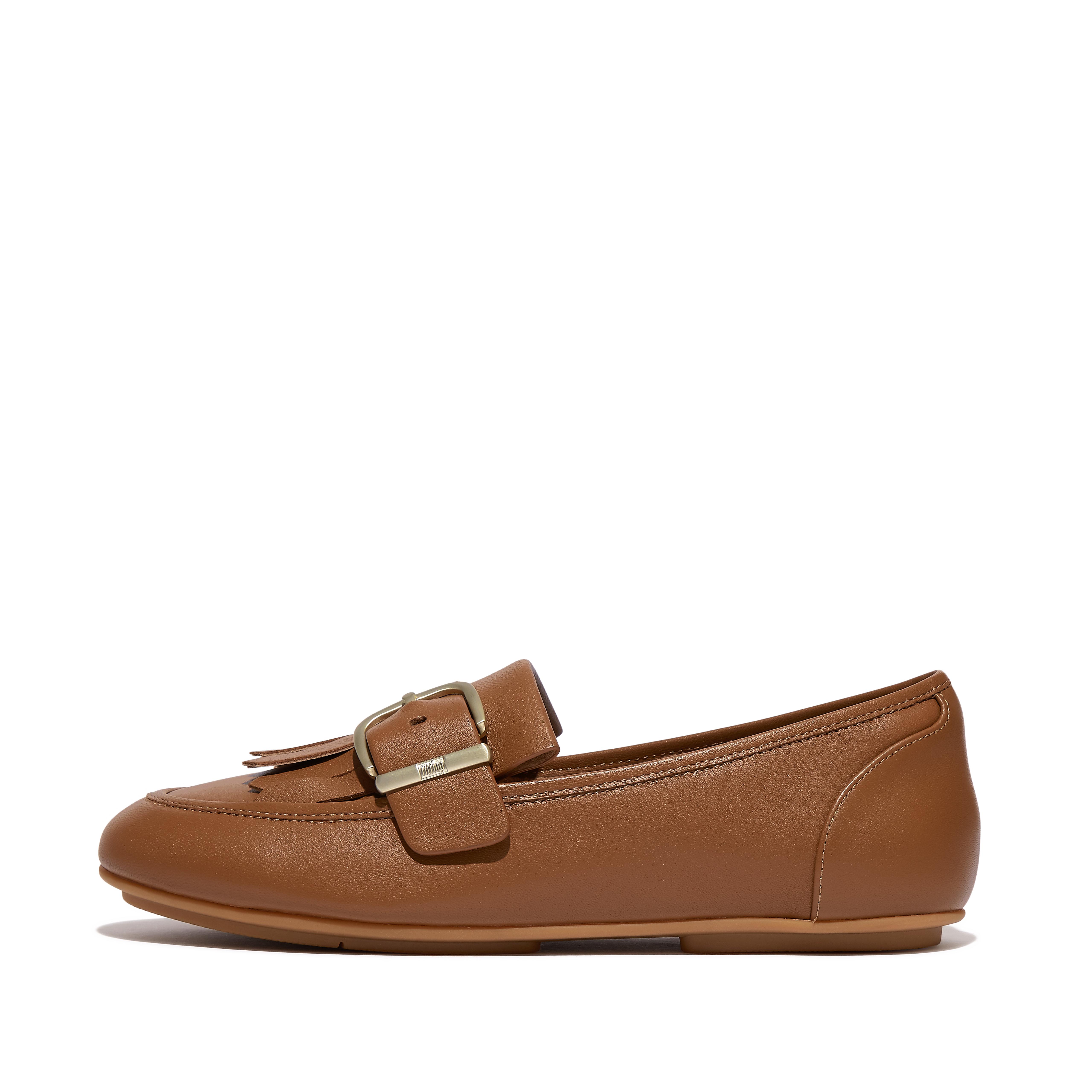 Women ALLEGRO Fringe Buckled Leather Loafers, Outlet