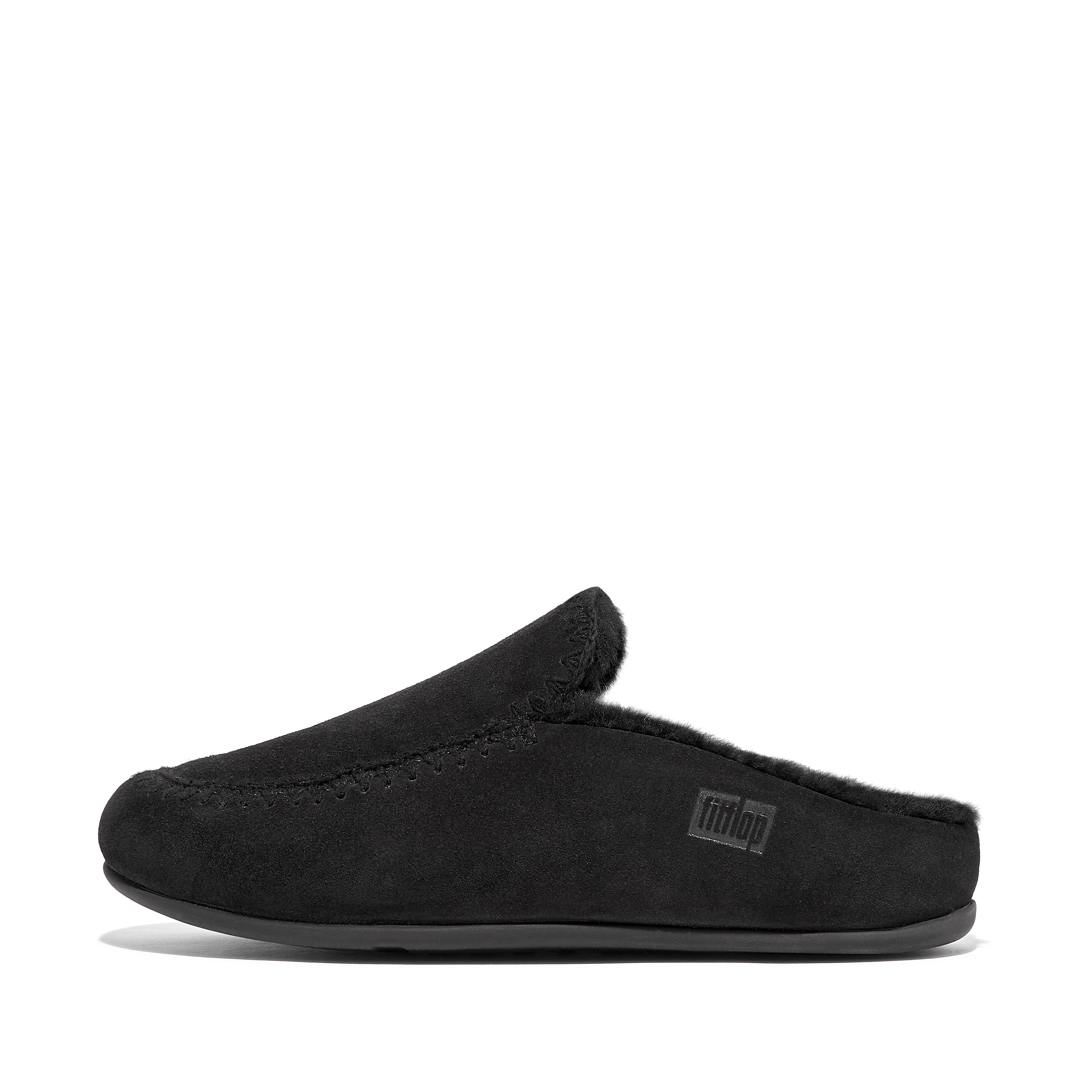 핏플랍 Fitflop Crochet-Stitch Shearling-Lined Suede Slippers,All Black