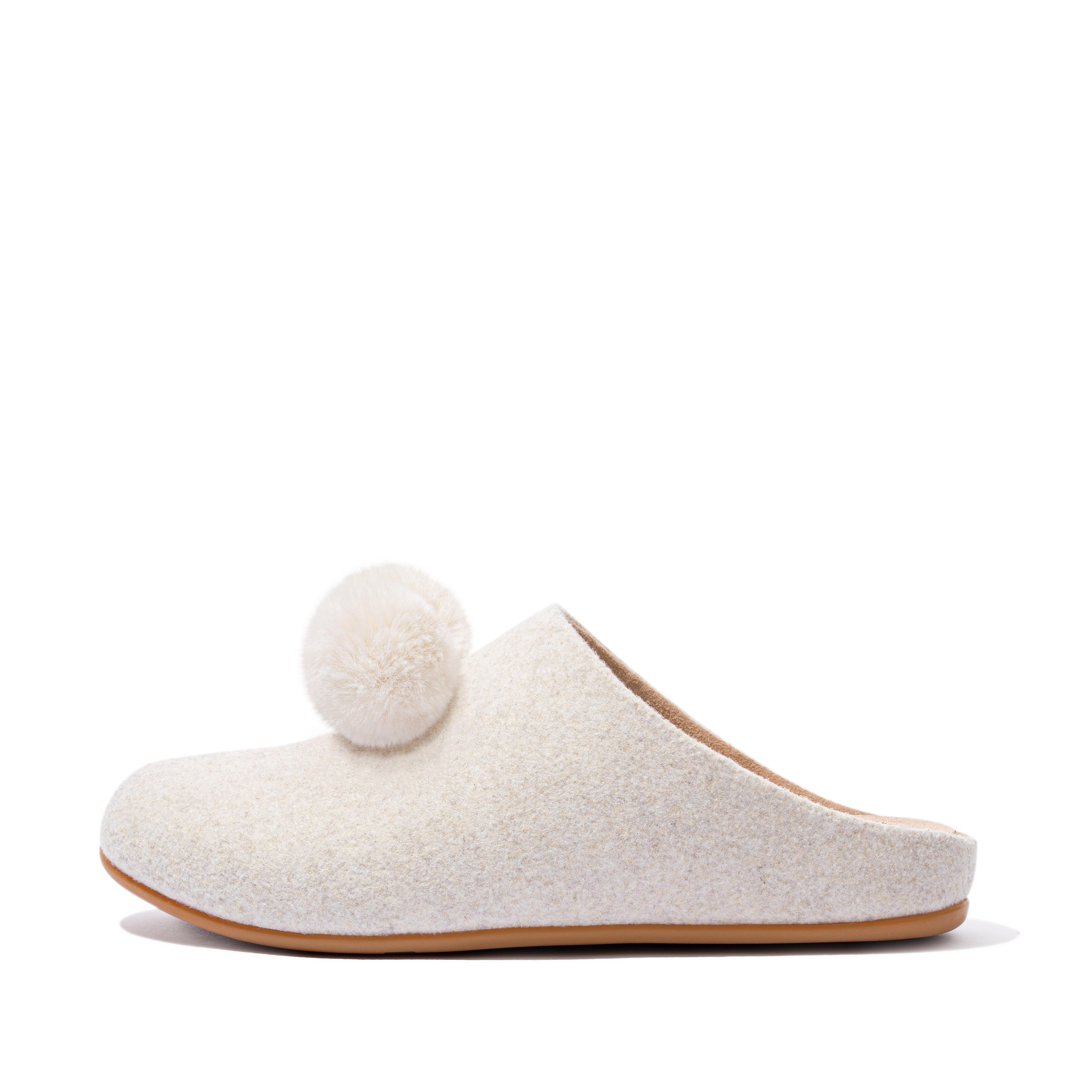  Womenss Fit Flop Chrissie Pom Pom Slippers in Ivory Textile - Size UK 9