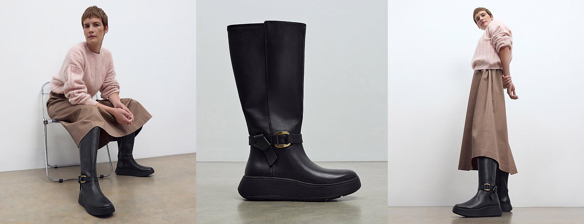 A female model styling and wearing FitFlop tall boots.