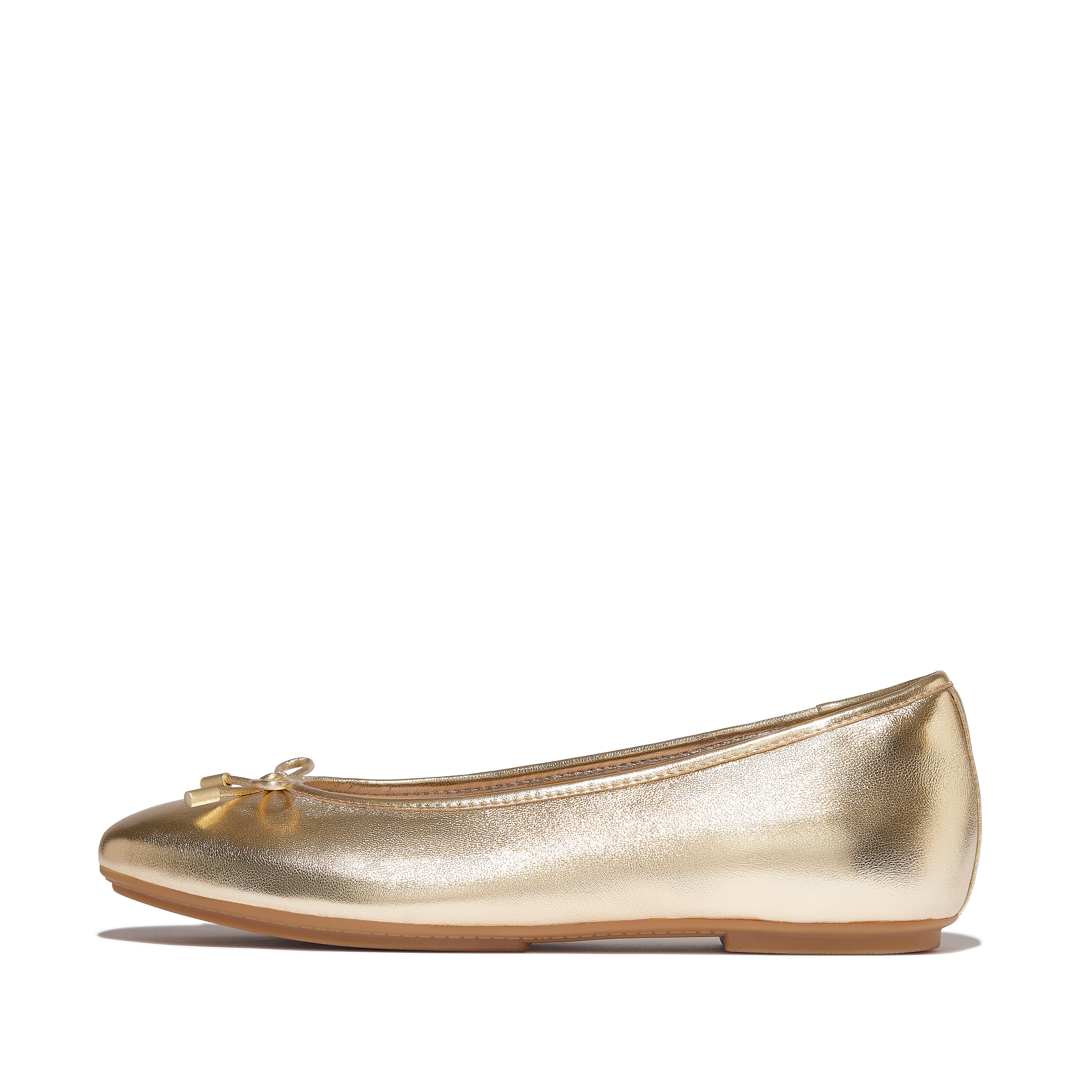 FitFlop DELICATO Bow Soft Metallic-Leather Ballerinas, Full Price, Platino, Size: US 11