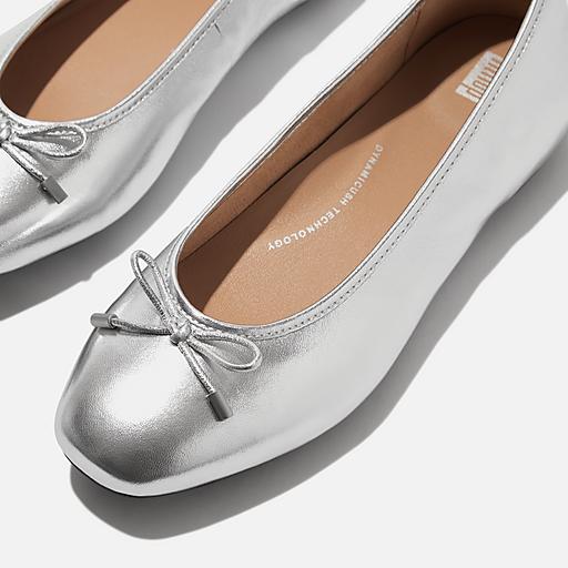 silver dress flats Women's Parris Ballet Flat Shoes Patent Leather in Silver, Binding trim and bow tie, Medium width, Size 6-10, Eric Javits, / 9 shaped toe for an on Larissa Silver Rhinestone Flats 