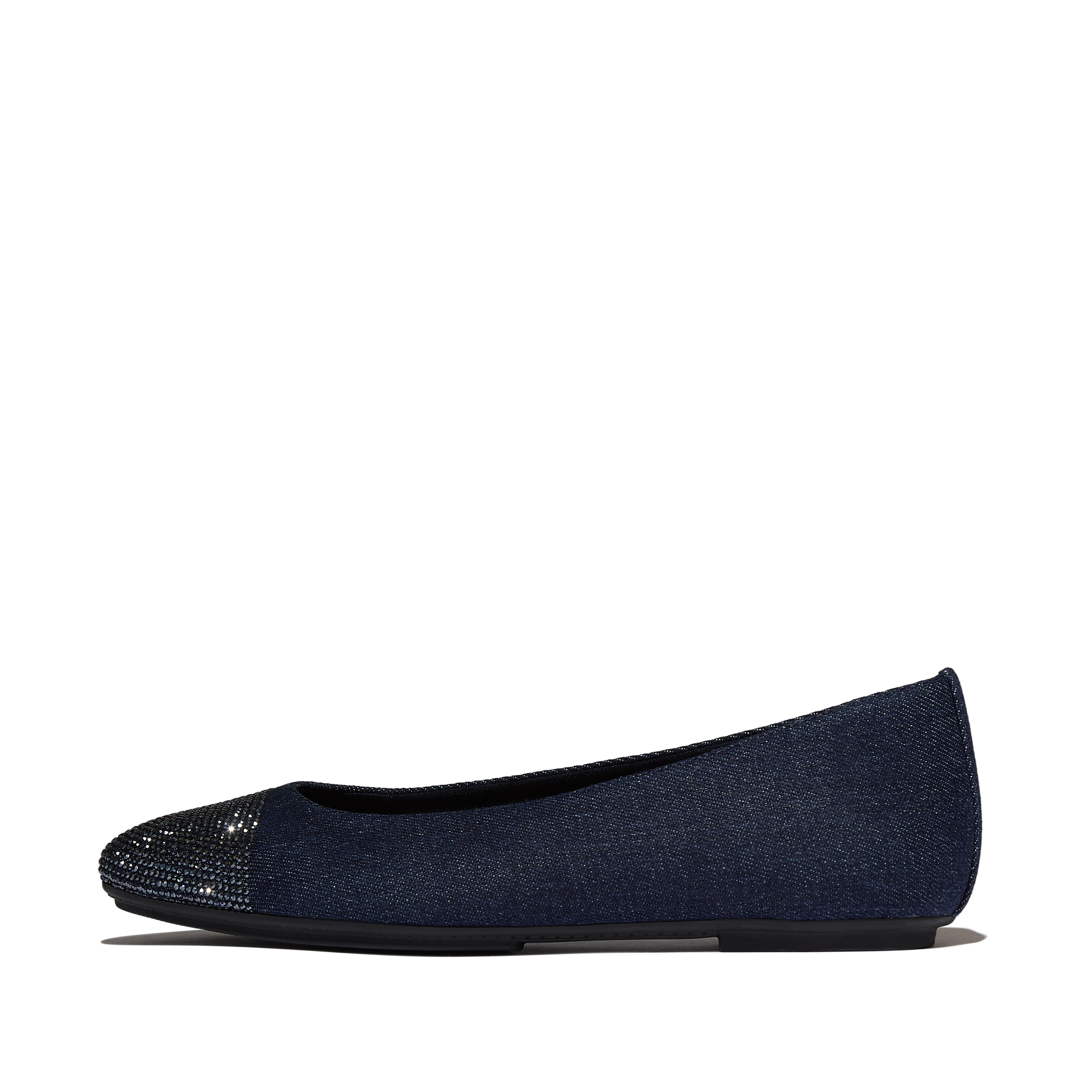 FitFlop DELICATO Crystal Cap-Toe Denim Ballerinas Polyester-Cotton, Full Price, Size: US 9