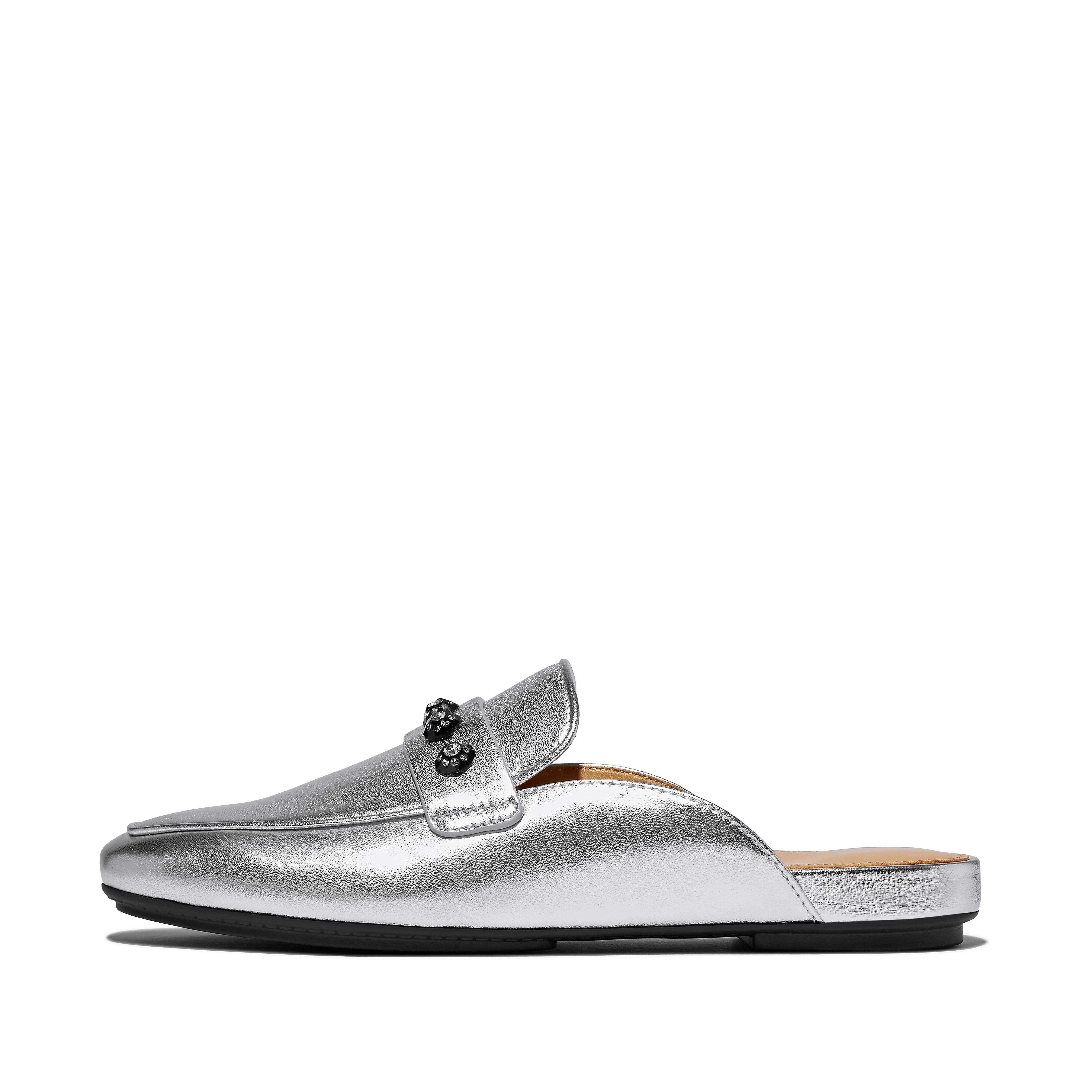 FitFlop DELICATO Crystal-Cluster Metallic-Leather Mules, Outlet, Silver, Size: US 6