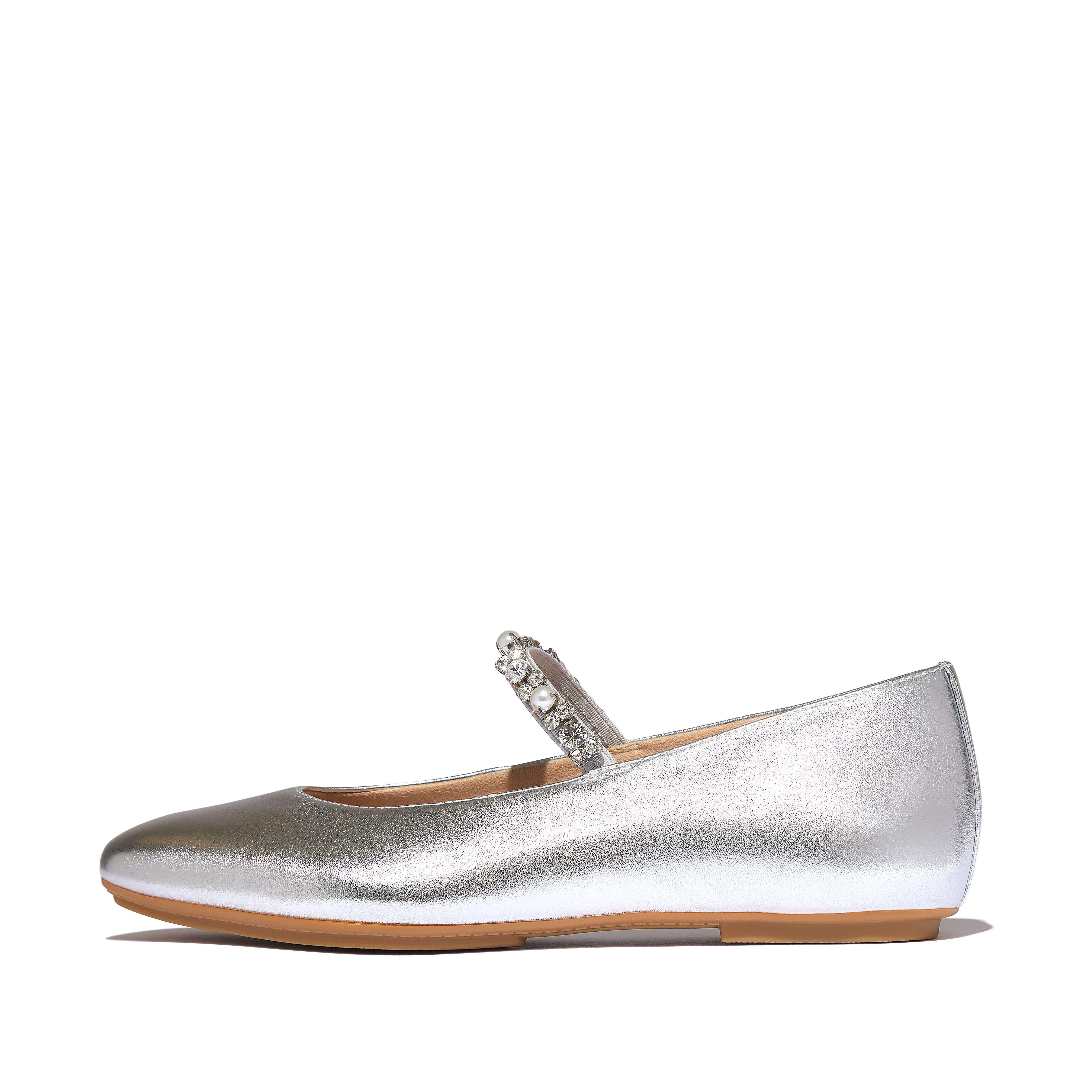 Fit Flop  Delicato Pearls-And-Crystal Soft Metallic- Mary Janes Silver Leather in Women's size 8