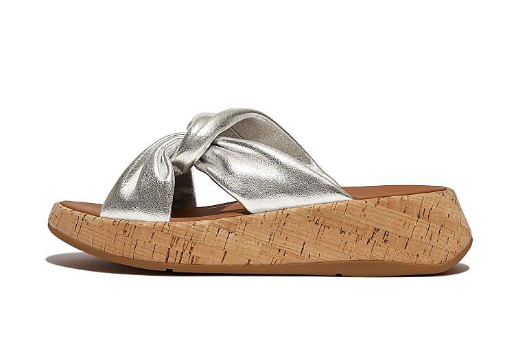 Metallic Leather-Twist Flatform Slides (Cork Wrap)