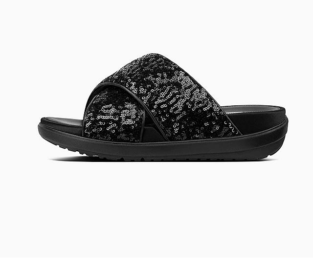 Loosh Luxe Cross slide Sandals in black, featuring sequin straps.