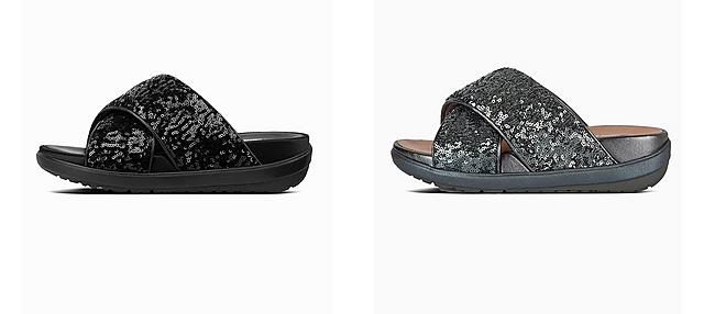 Loosh Luxe Cross slide Sandals in black and Silver, featuring sequin straps.