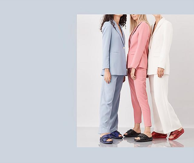 Loosh Luxe Metallic Leather cross Slides. Shown in colours Navy, Burnt Umber and Black.