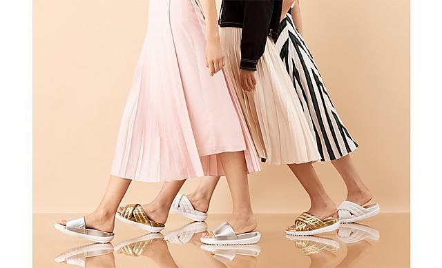 Three pairs of Silky Loosh Lux Sandals shown in Gold, silver and white and classic and cross-over slides options.