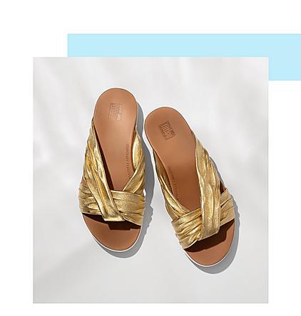 FitFlop Twyla Metallic Leather Toe-Thong Slides.