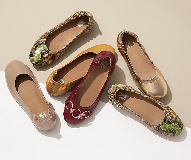 A selection of Fitflop classic leather ballerinas in metallic, neutral and bright colours.