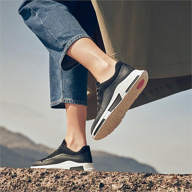 Fitflop Freya chunky sneakers in black with a mixture of suede and metallic material.