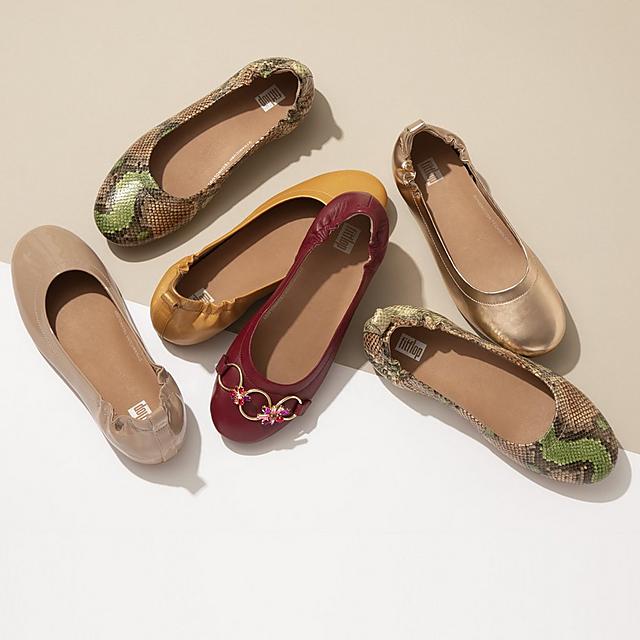 A selection of Fitflop classic leather ballerinas in metallic, neutral and bright colours.
