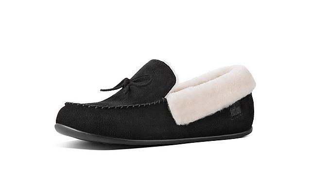 Fitflop black suede slippers with fluffy shearling inside.