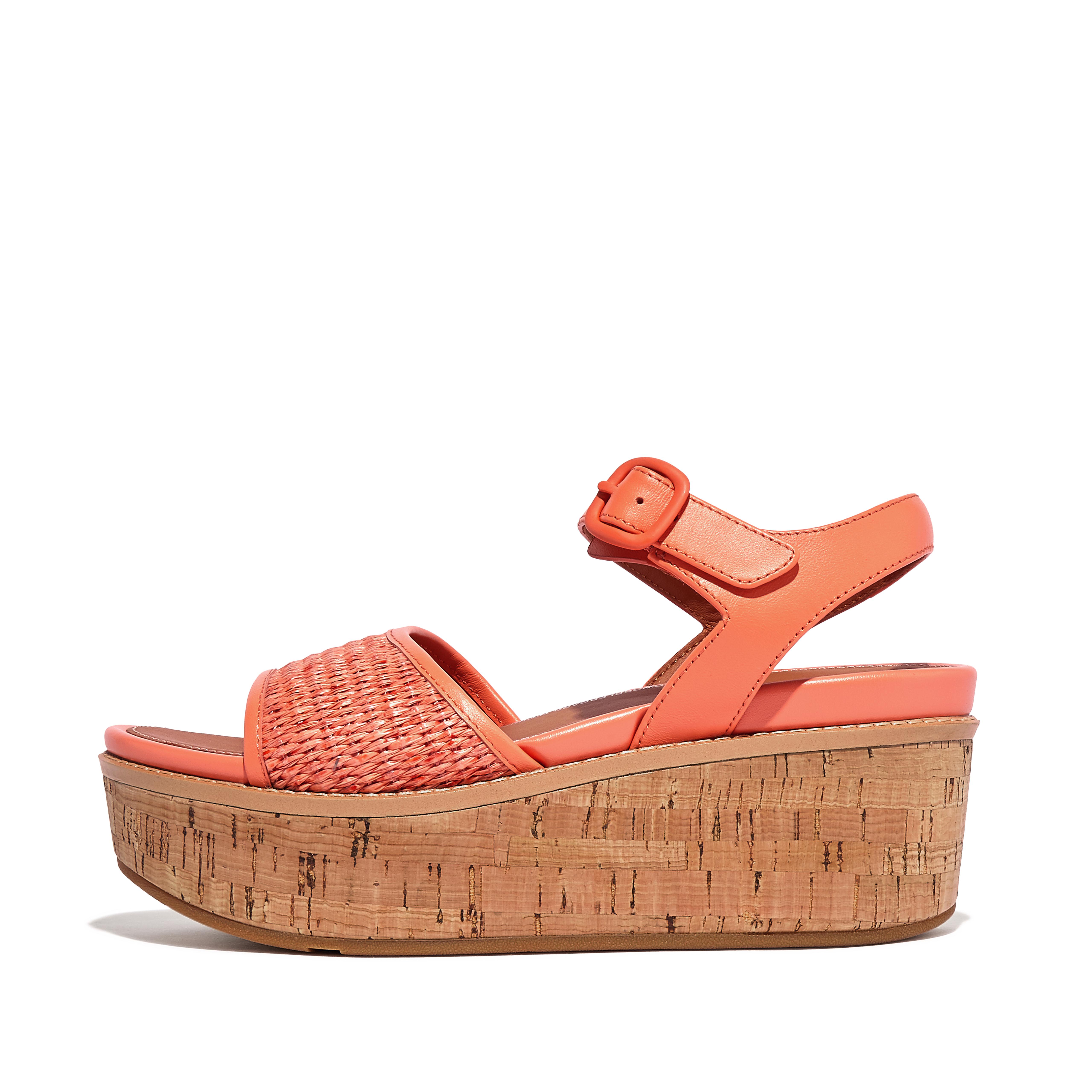 FitFlop ELOISE Cork-Wrap Woven Back-Strap Wedge Sandals Faux-Raffia (PP)/Leather, Outlet, Sunshine Coral, Size: US 10