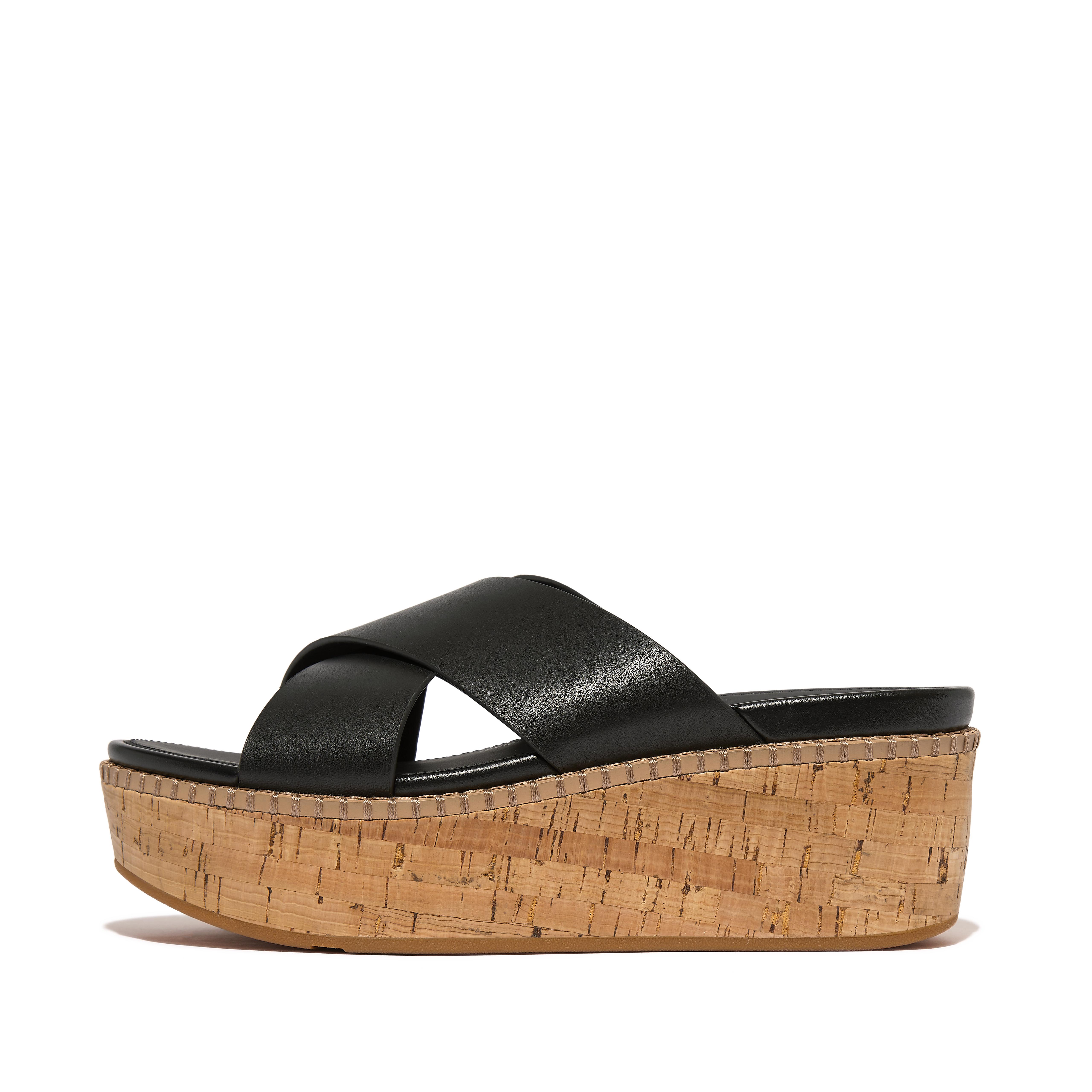 Fitflop Leather/Cork Wedge Cross Slides,Black