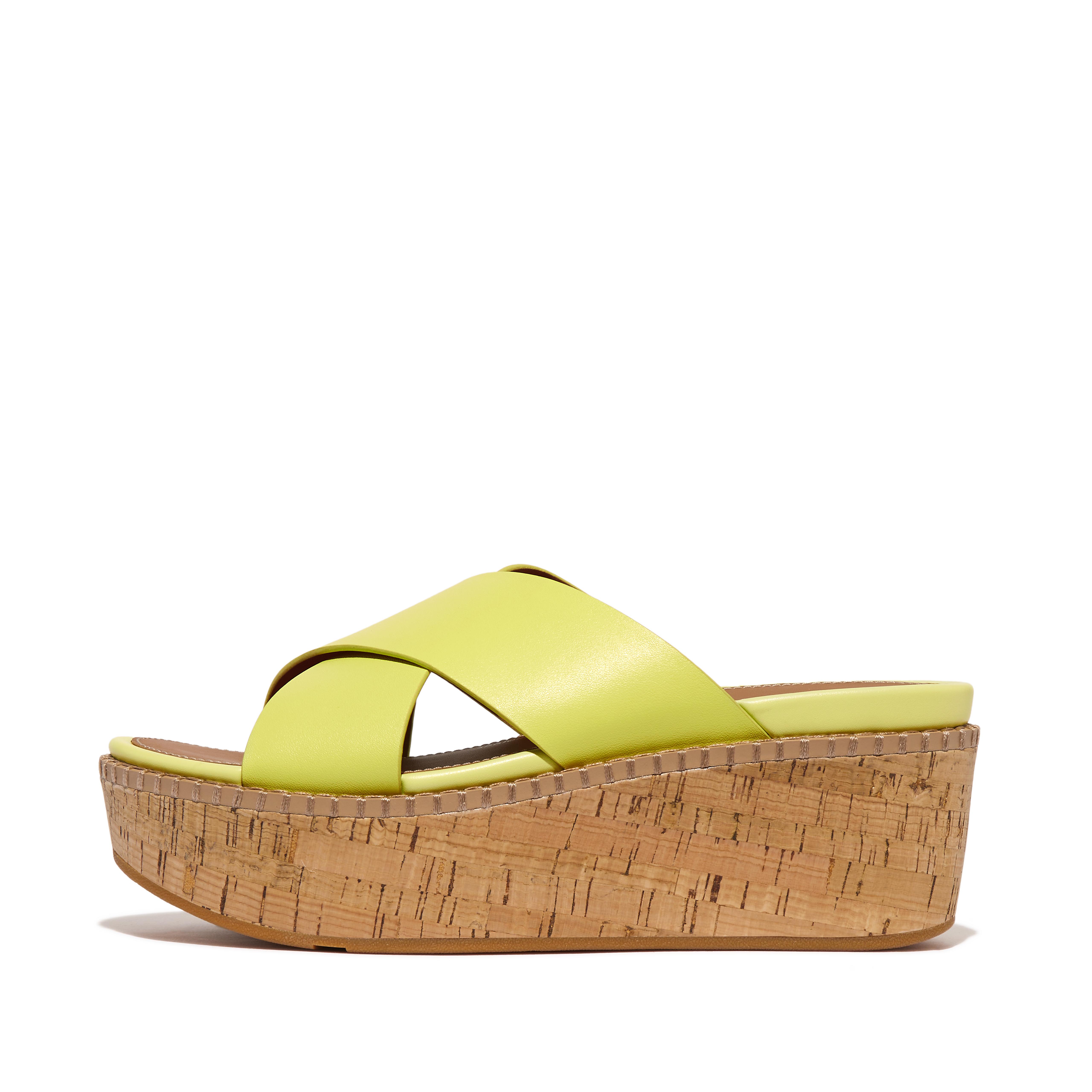 Fitflop Leather/Cork Wedge Cross Slides,Sunny Lime