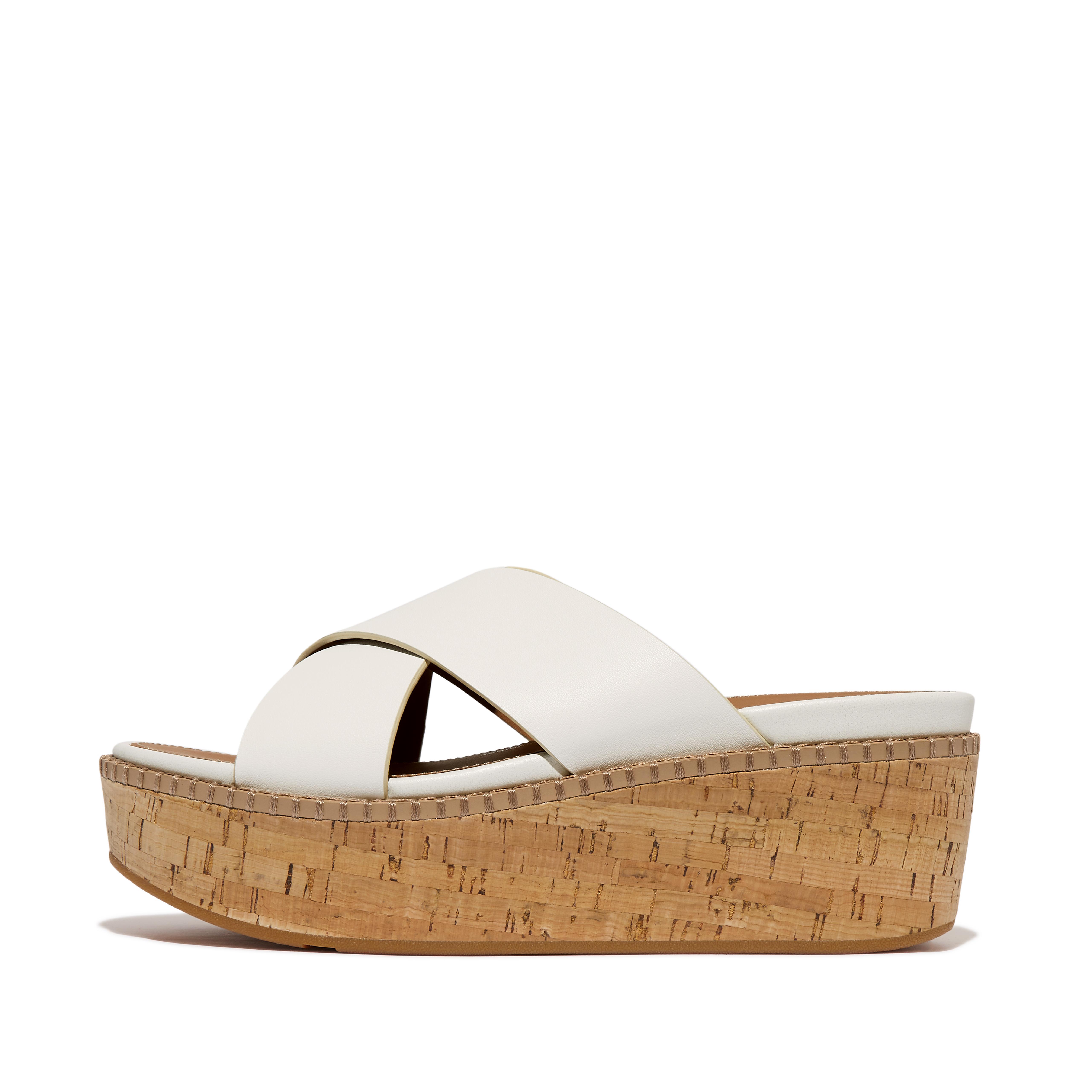 Fitflop Leather/Cork Wedge Cross Slides,Urban White
