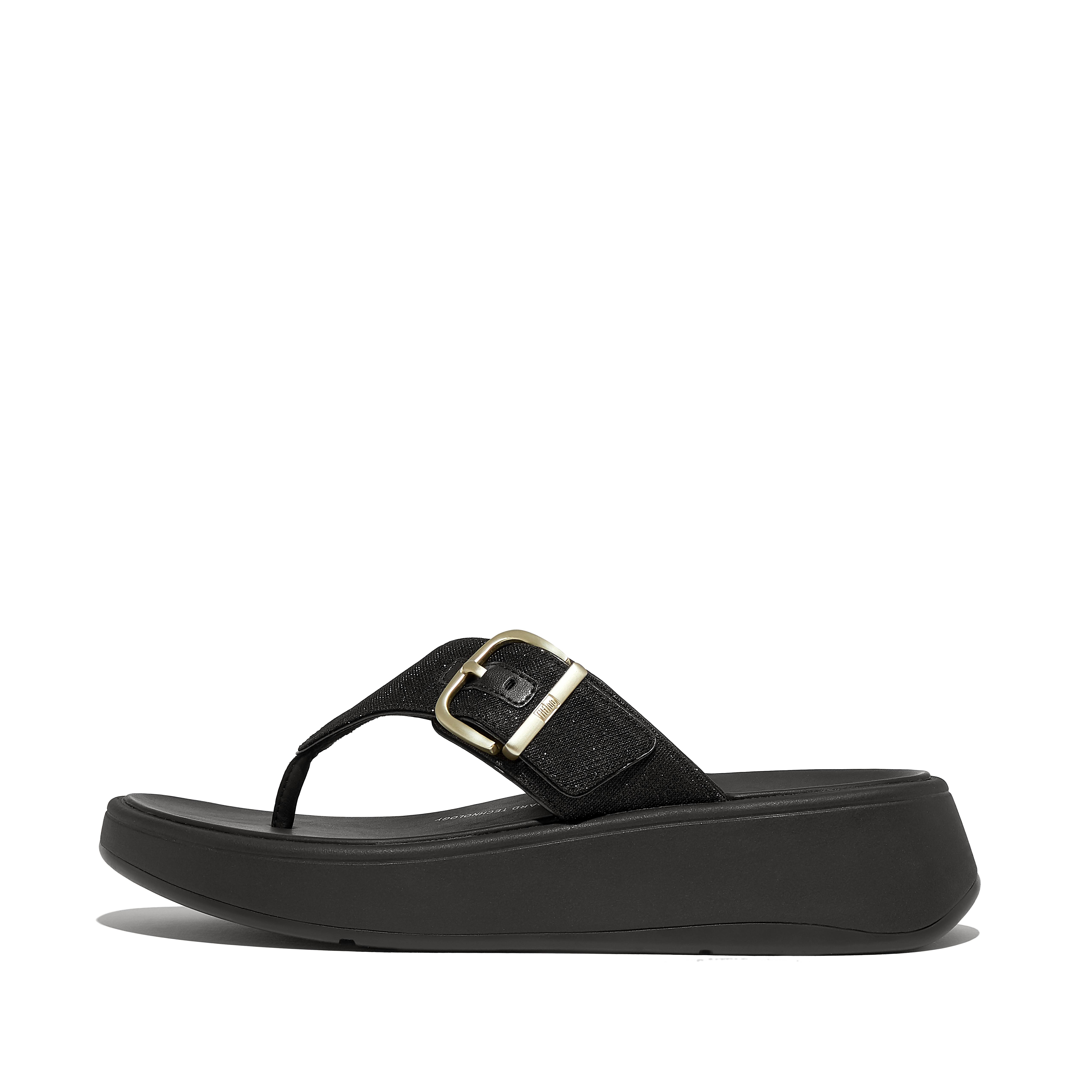 Women F-MODE Buckle Shimmerlux Flatform Toe-Post Sandals Leather, Outlet