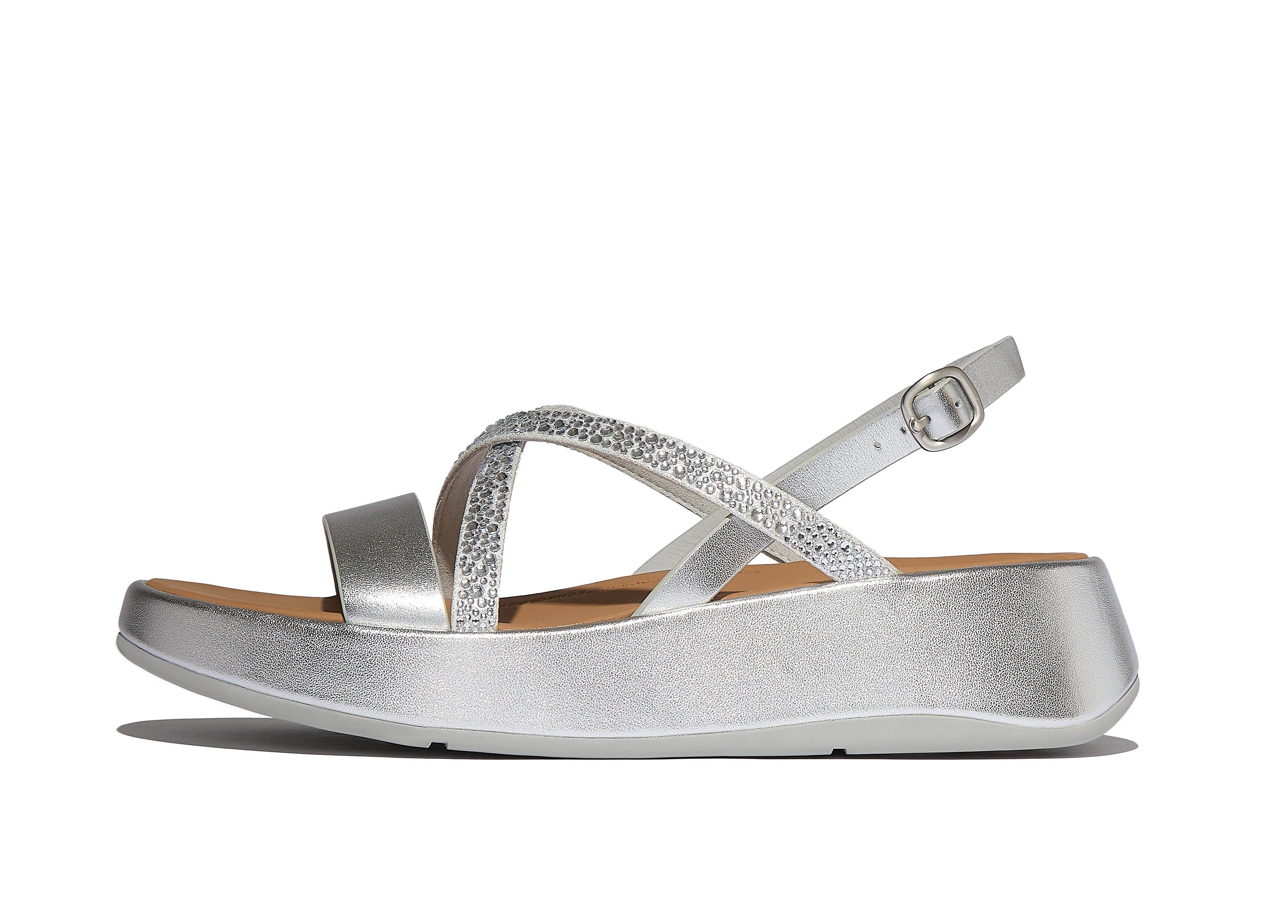 F-MODE Crystal-Mix Flatform Strappy Back-Strap Sandals