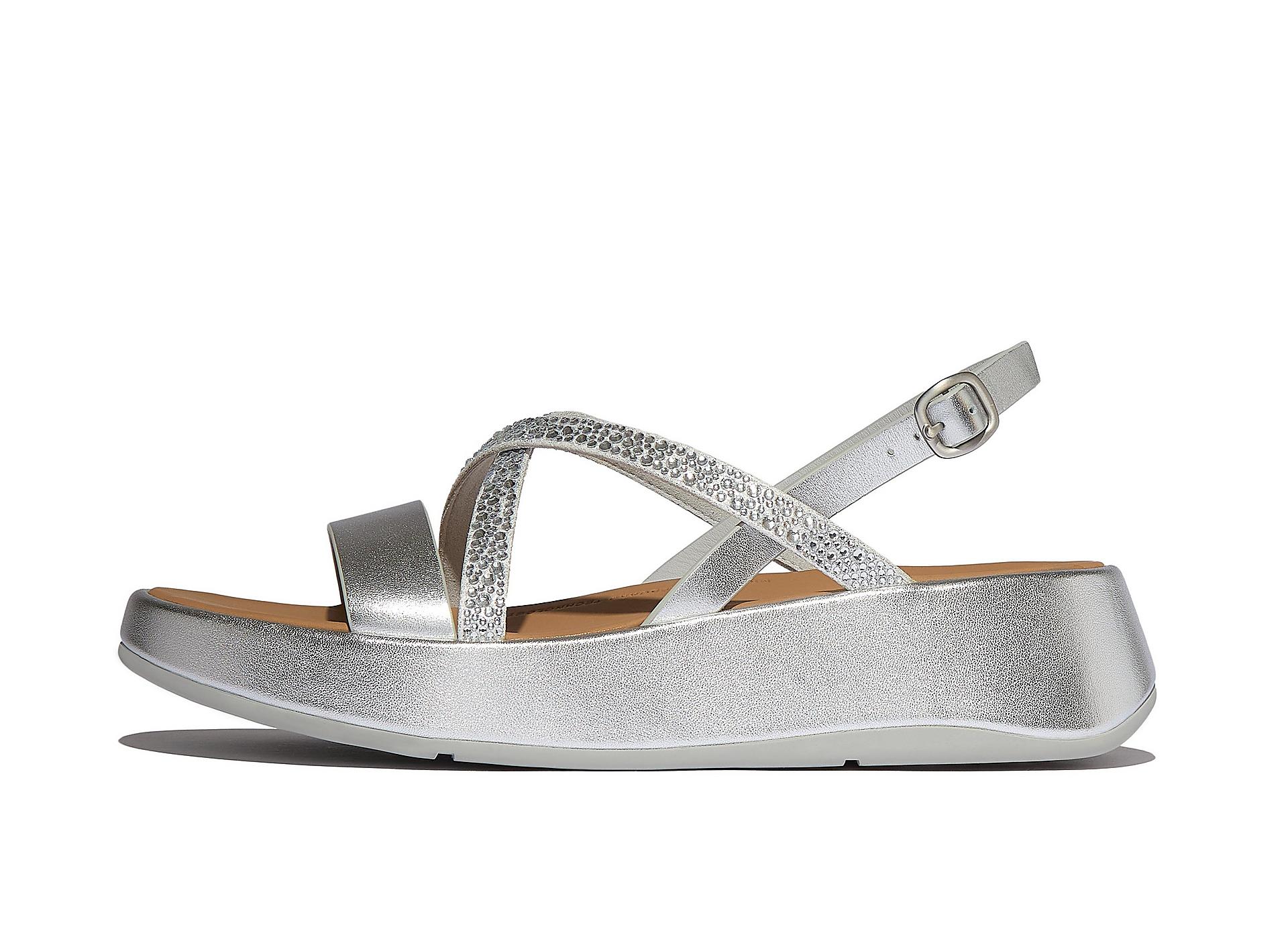 F-MODE Crystal-Mix Flatform Strappy Back-Strap Sandals