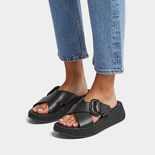 サンダル・ミュール Leather slides Jesse | Black Leather Woven Strap Sandal