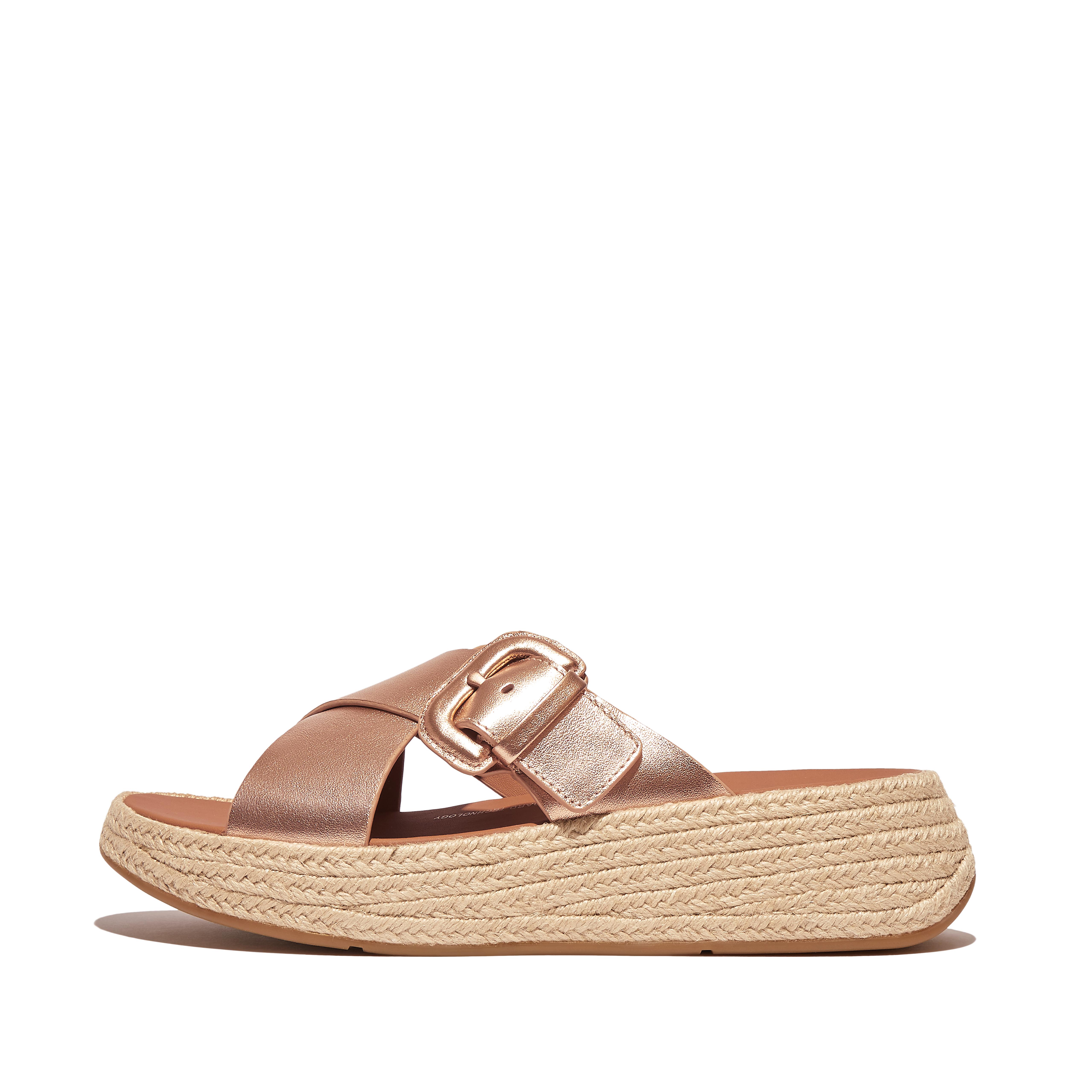 Women F-MODE Espadrille Buckle Metallic-Leather Flatform Cross Slides, Outlet