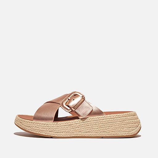 F MODE Espadrille Buckle Metallic Leather Flatform Cross Slides