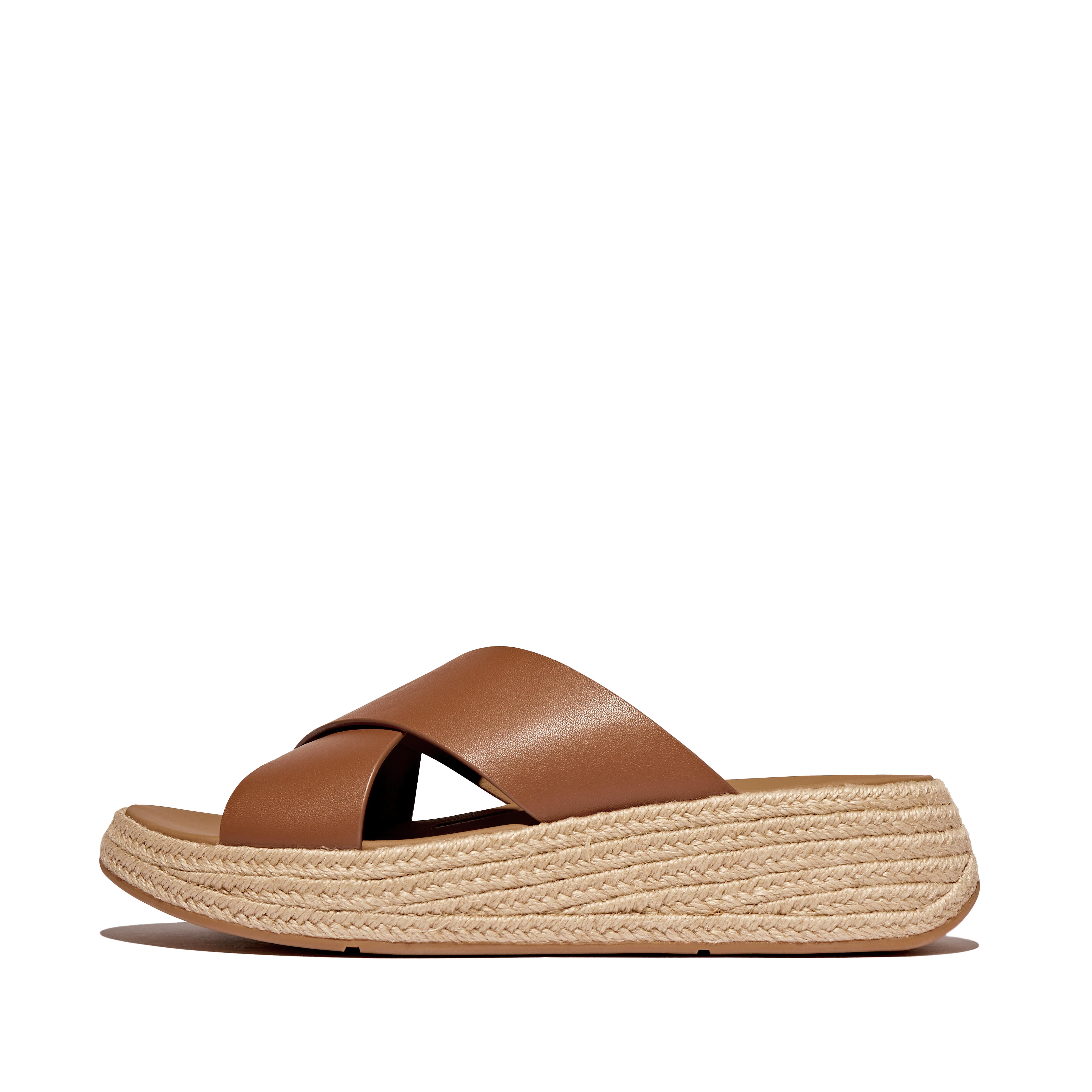 FitFlop F-MODE Espadrille Leather Flatform Cross Slides, Outlet, Deep Tan, Size: US 9