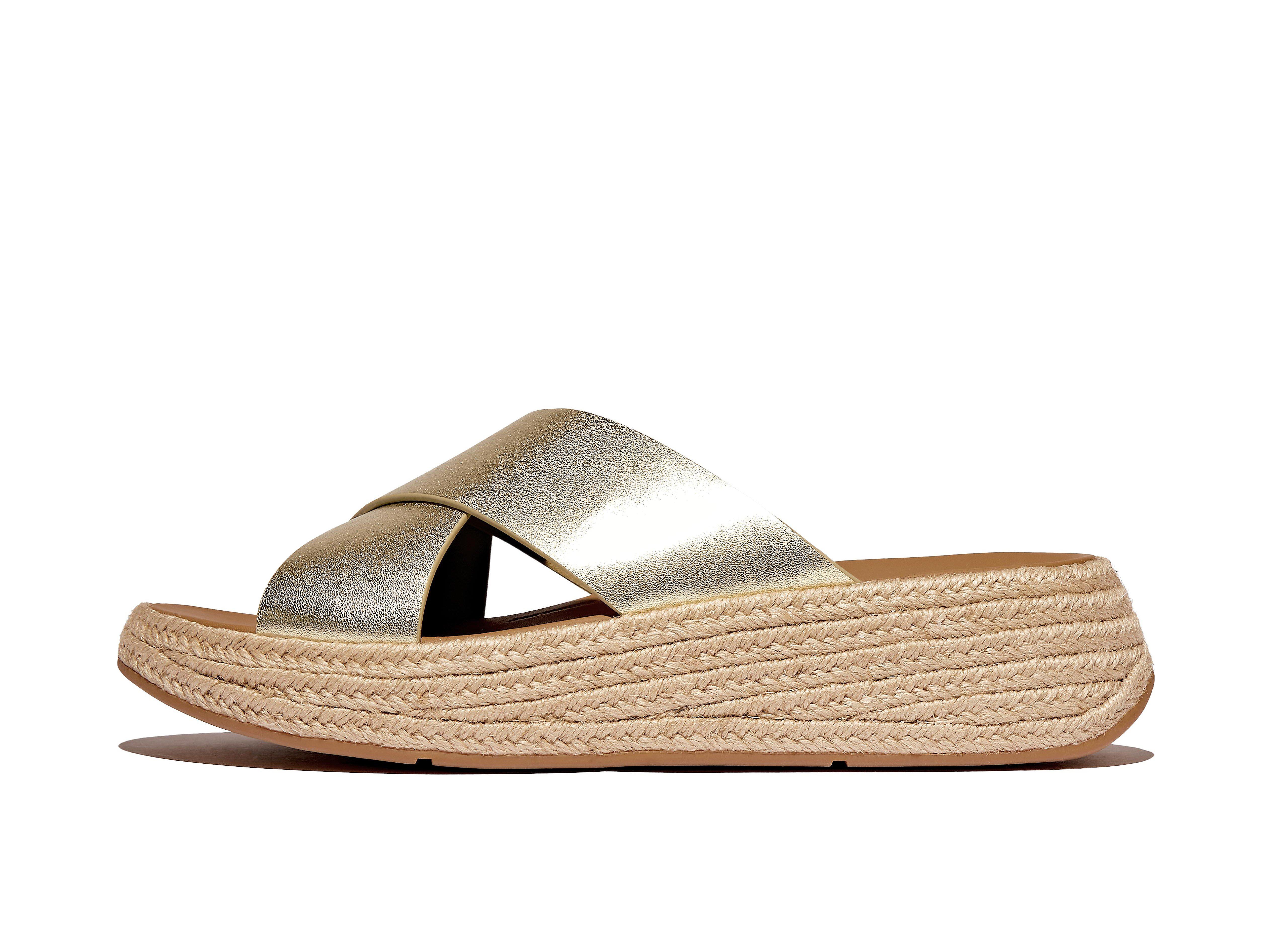 F-MODE Espadrille Metallic-Leather Flatform Cross Slides