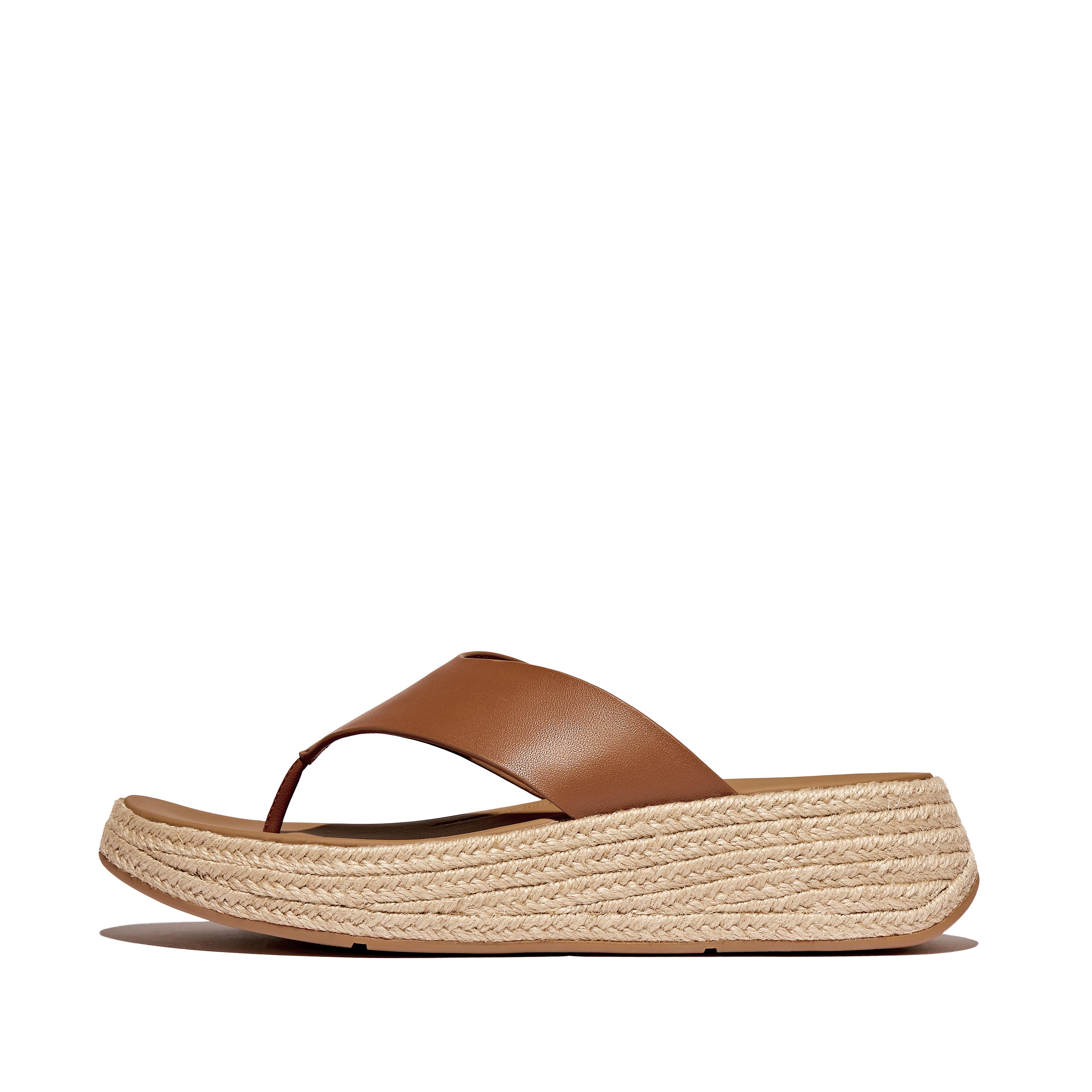 FitFlop F-MODE Espadrille Leather Flatform Toe-Post Sandals, Outlet, Deep Tan, Size: US 11