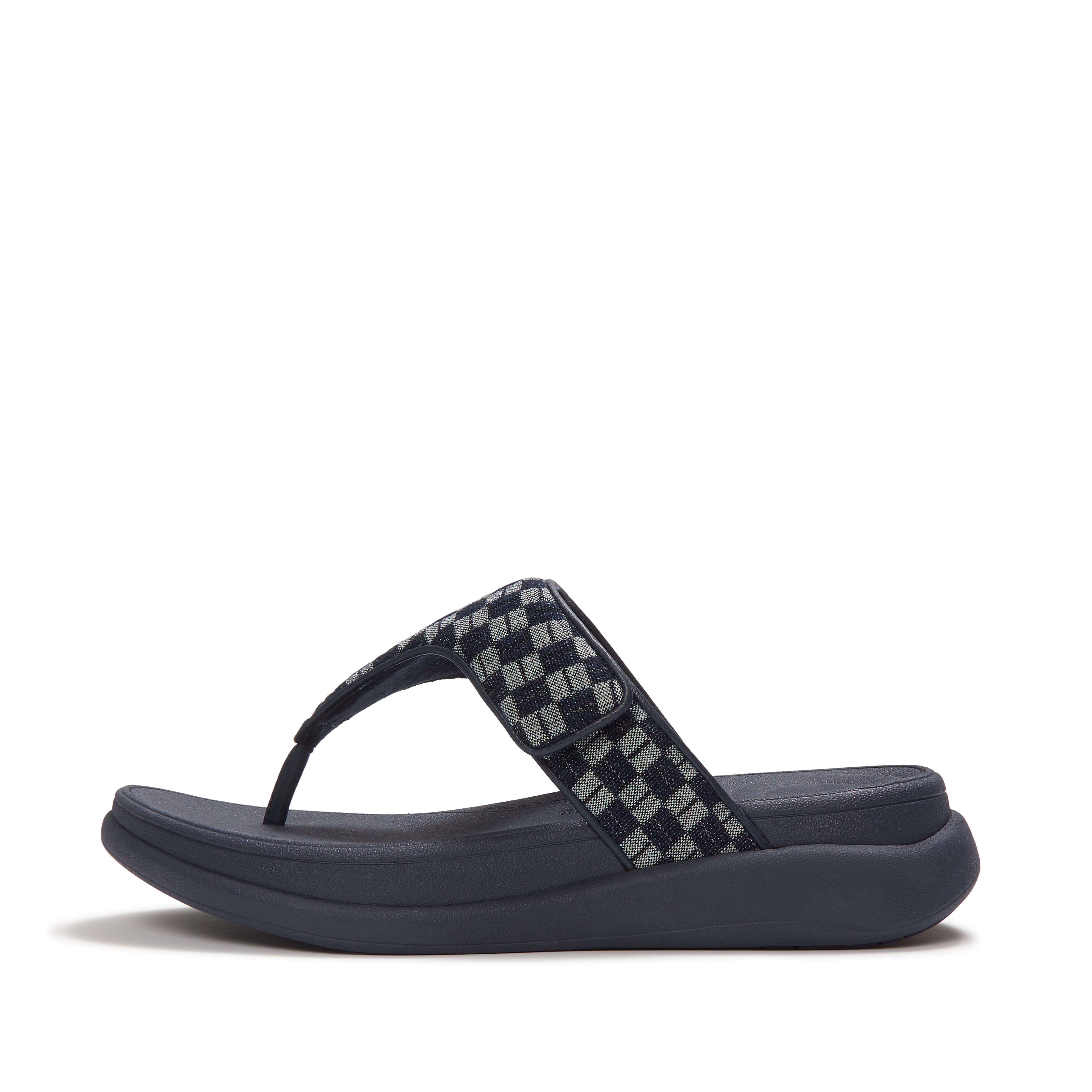 FitFlop F-MODE Go Adjustable Checkerboard-Denim Toe-Post Sandals Pu/Polyester, Full Price, Size: US 9
