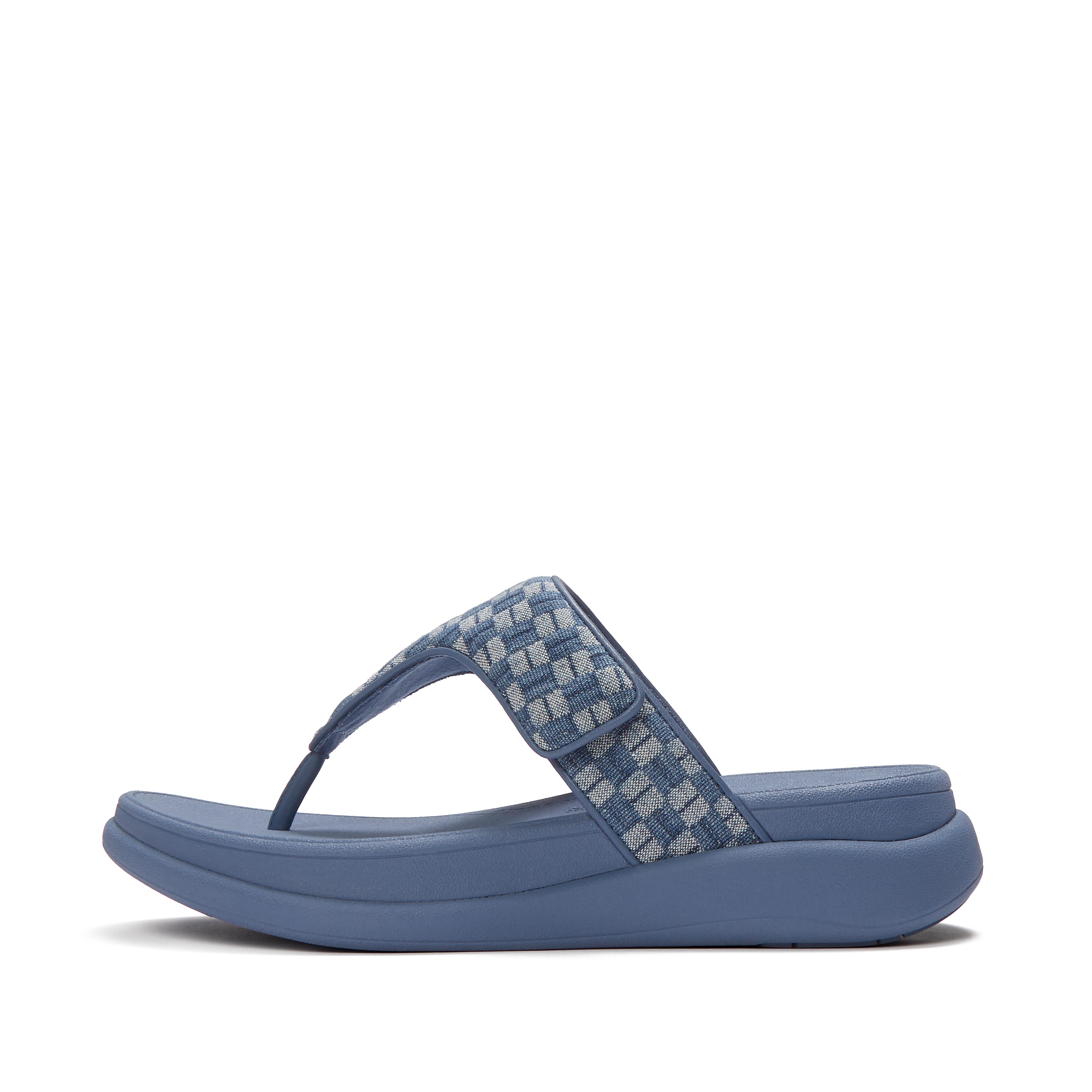 F-MODE Go Adjustable Checkerboard-Denim Toe-Post Sandals