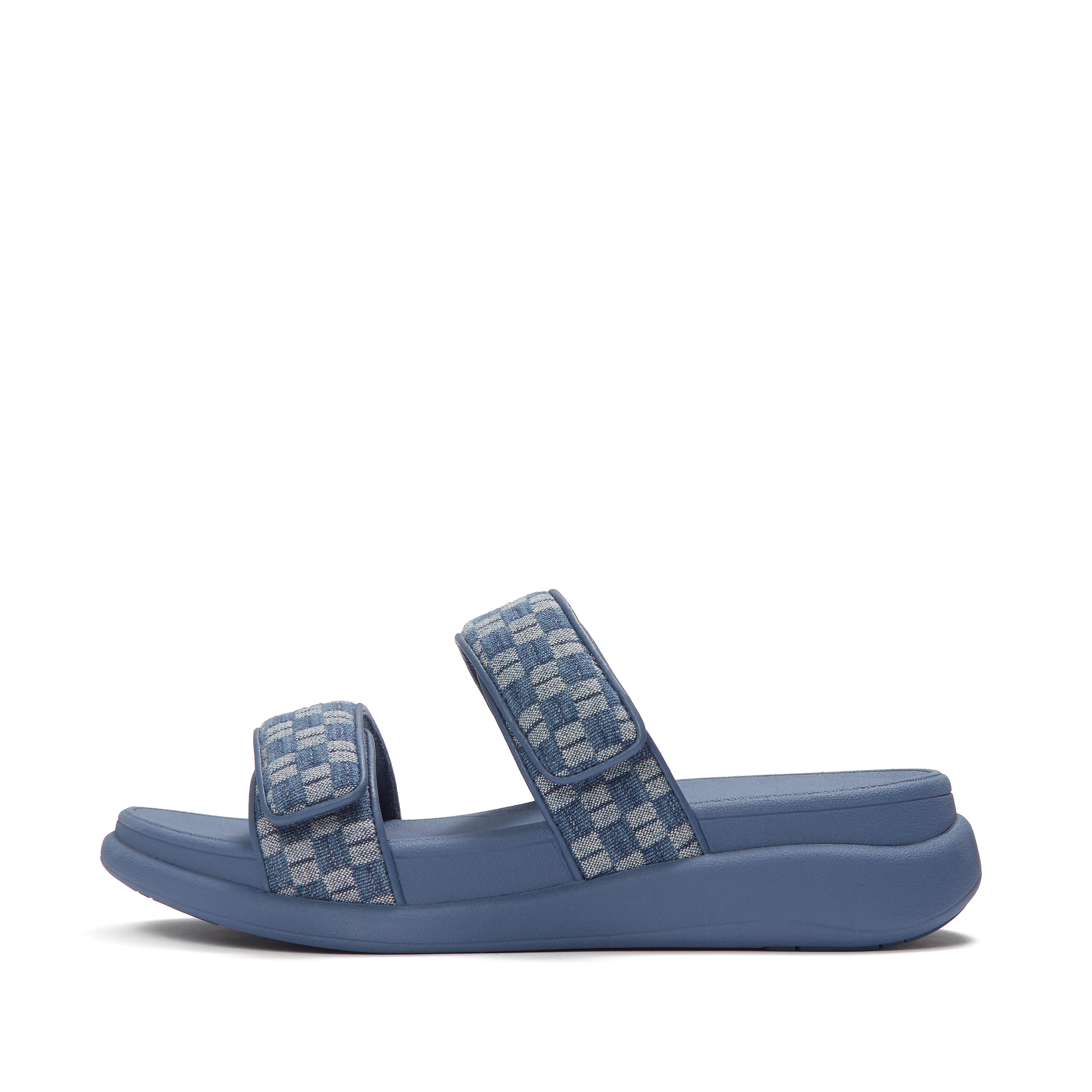 FitFlop F-MODE Go Adjustable Checkerboard-Denim Two-Bar Slides Pu/Polyester, Full Price, Light Denim, Size: US 7