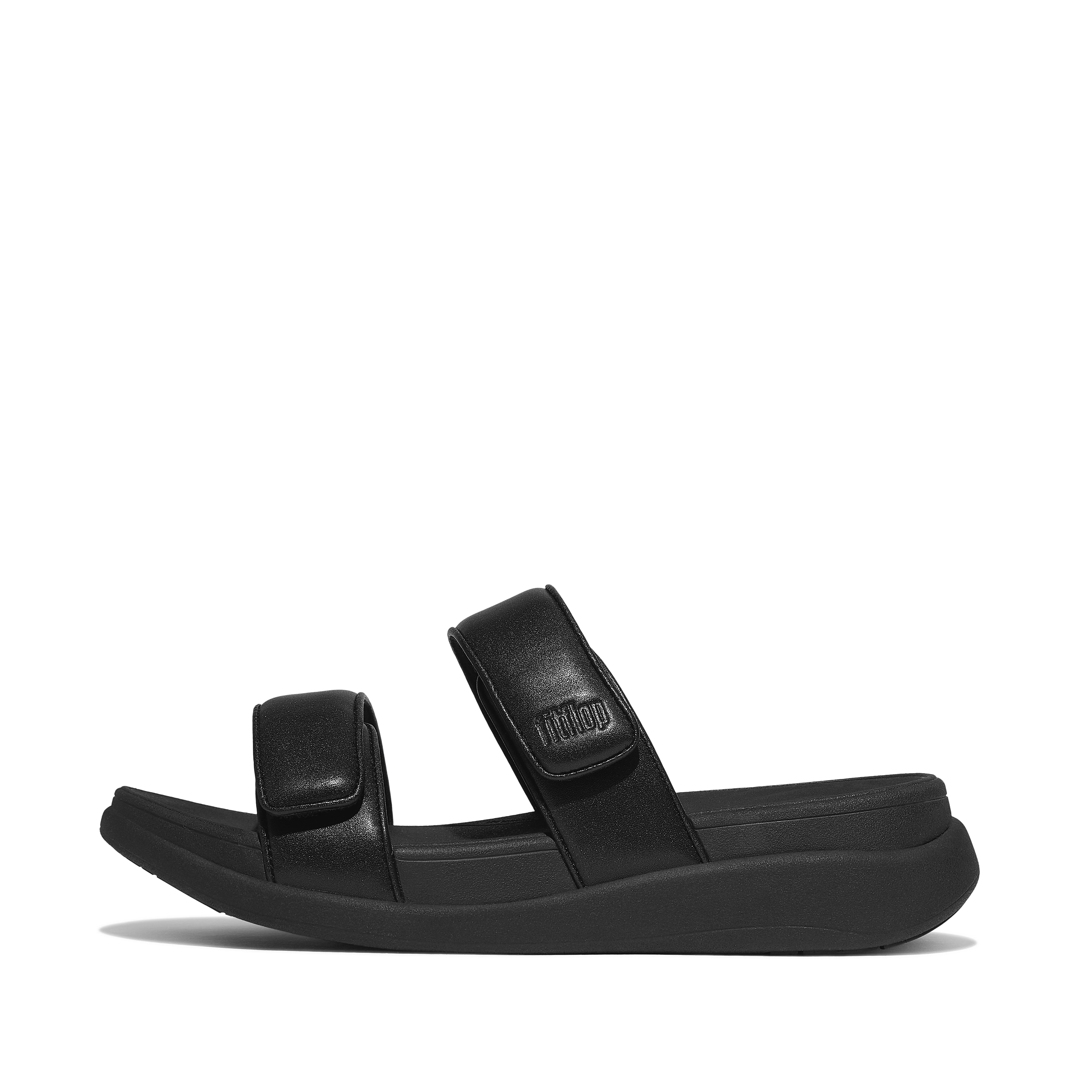 FitFlop F-MODE GO Adjustable Two-Bar Slides Faux Leather Pu, Full Price, All Black, Size: US 7.5