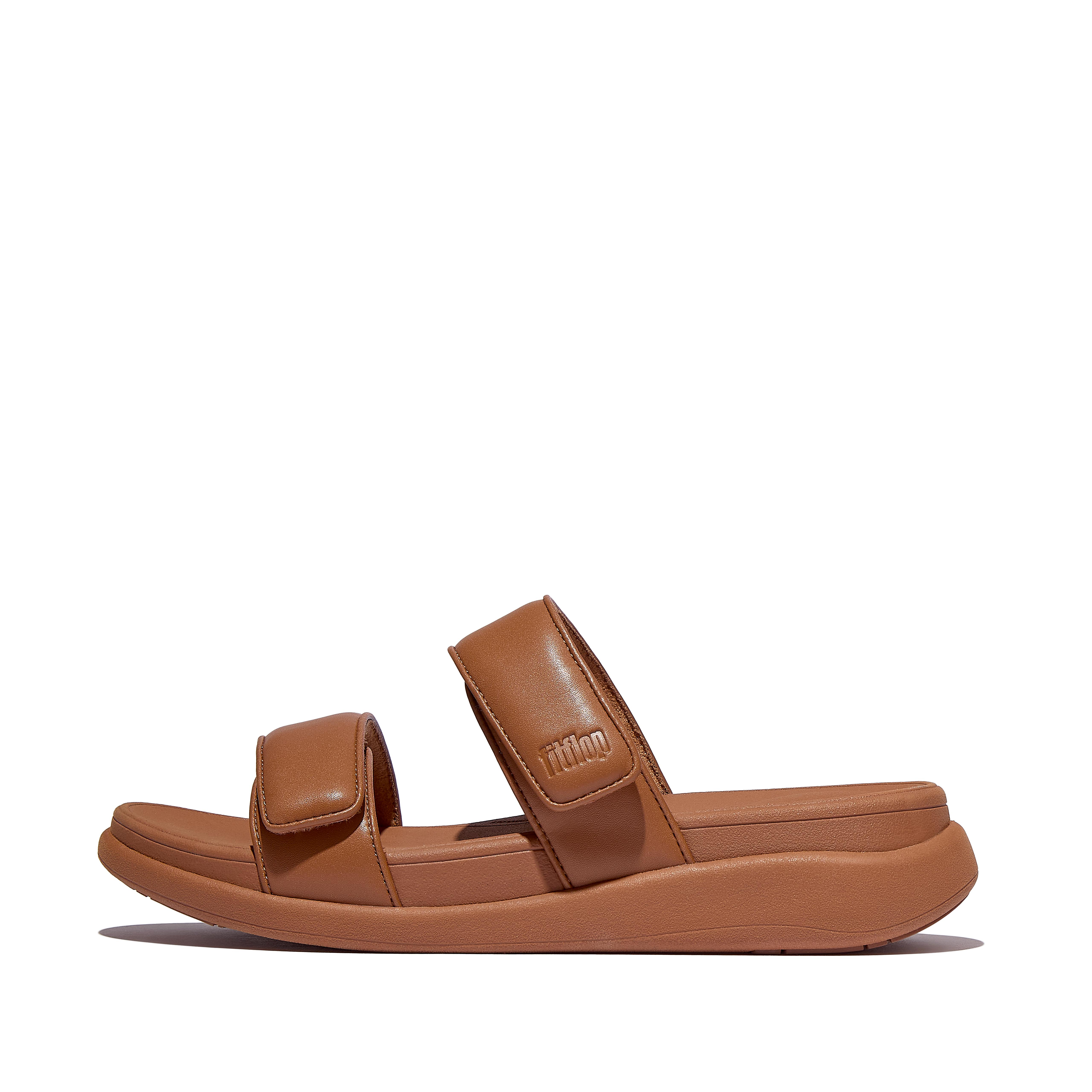 FitFlop F-MODE Go Adjustable Two-Bar Slides Faux Leather Pu, Outlet, Deep Tan, Size: US 5