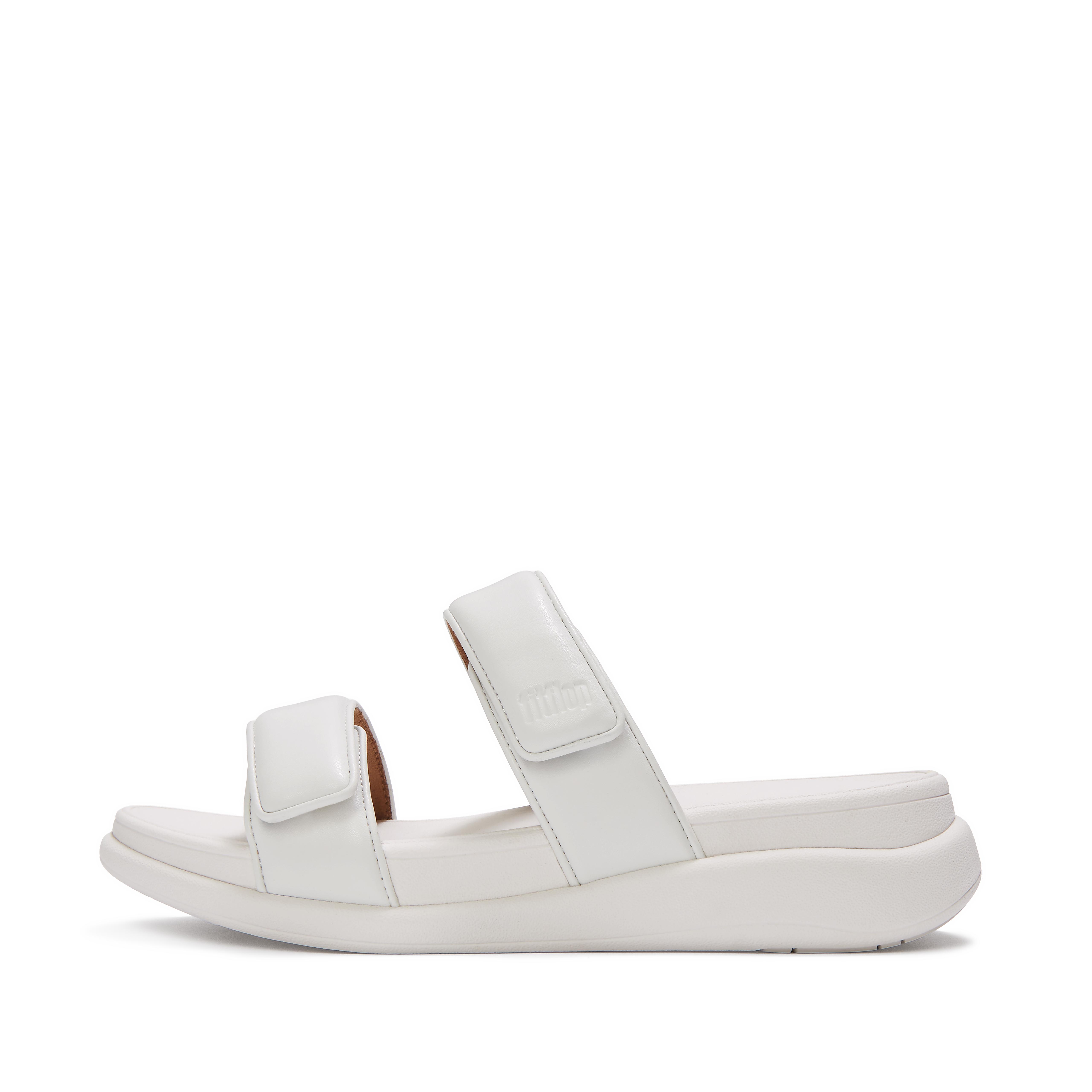 FitFlop F-MODE Go Adjustable Metallic Two-Bar Slides Leather/Pu, Full Price, Urban White, Size: US 5